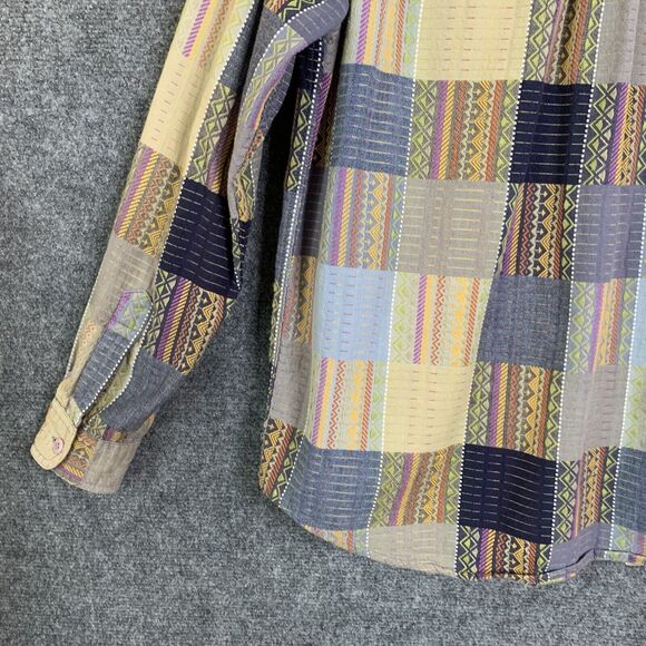 Lemon Grass Button Front Shirt Women S Patchwork Pattern Long Sleeve Cotton - Picture 8 of 12